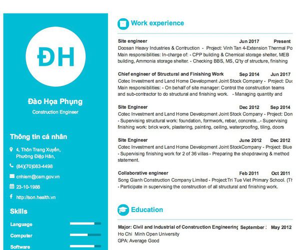 Gợi ý cách viết Mẫu CV tham khảo Construction Engineer