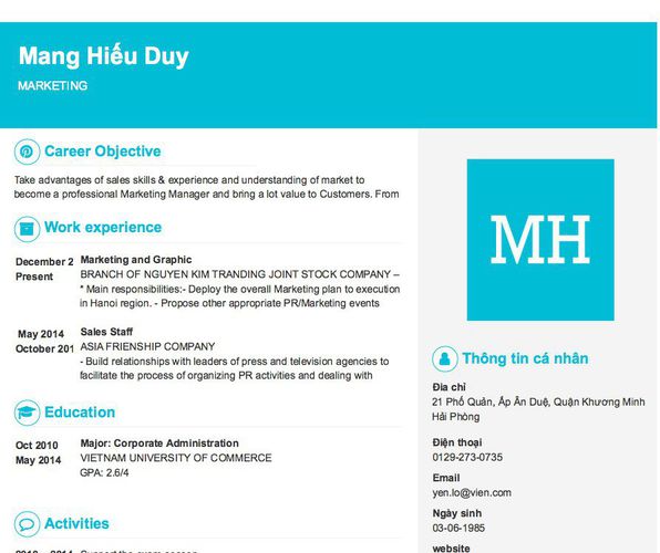 Gợi ý cách viết Mẫu CV tham khảo MARKETING