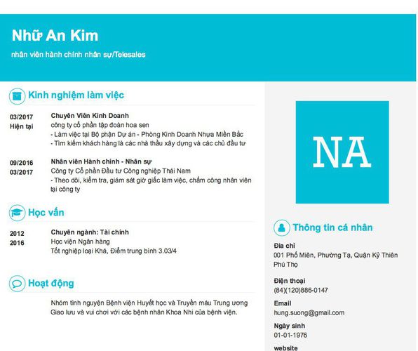 Mẫu CV nhân viên hành chính nhân sự/Telesales
