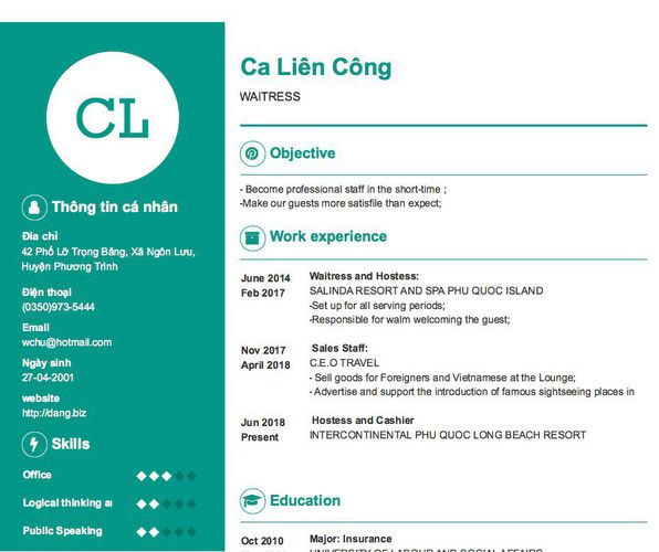 Gợi ý cách viết Mẫu CV tham khảo WAITRESS