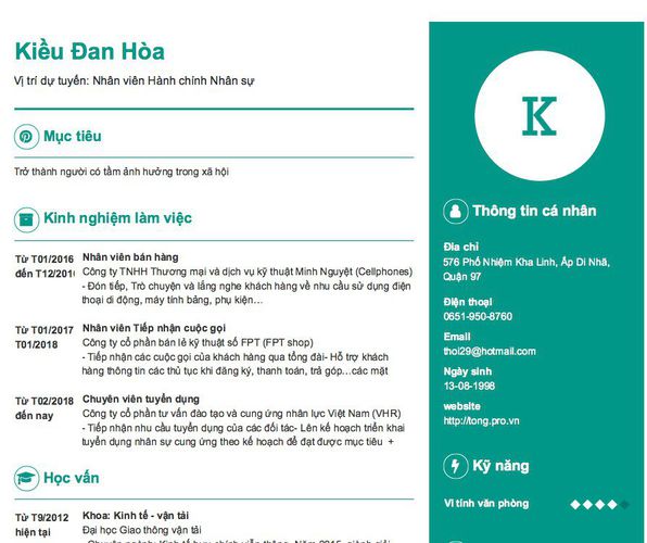 Mẫu CV Vị trí dự tuyển: Nhân viên Hành chính Nhân sự