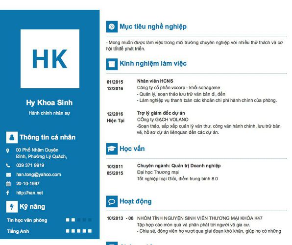 Mẫu CV Hành chính nhân sự