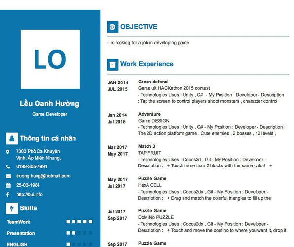 Gợi ý cách viết Mẫu CV tham khảo Game Developer