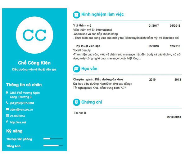 Gợi ý cách viết Mẫu CV tham khảo Điều dưỡng viên-kỹ thuật viên spa