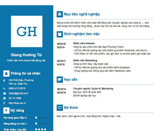 Gợi ý cách viết Mẫu CV tham khảo Nhân viên kinh doanh bất động sản