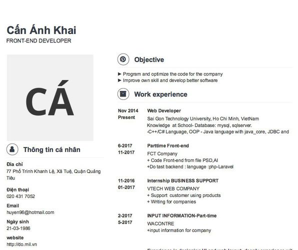 Gợi ý cách viết Mẫu CV tham khảo FRONT-END DEVELOPER