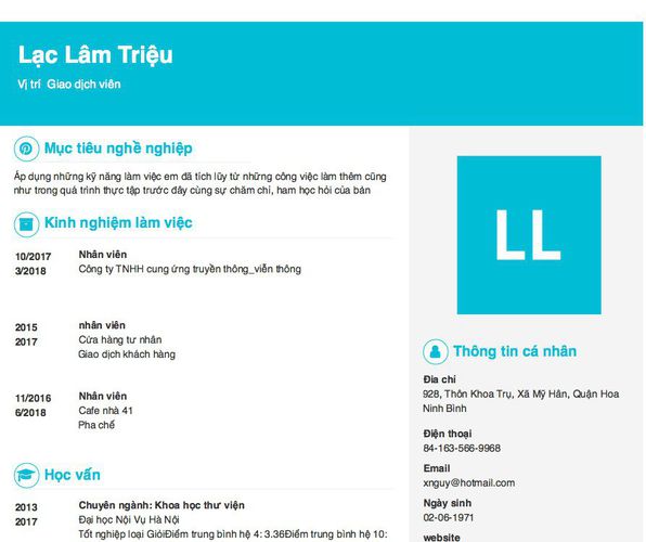 Mẫu CV Vị trí  Giao dịch viên