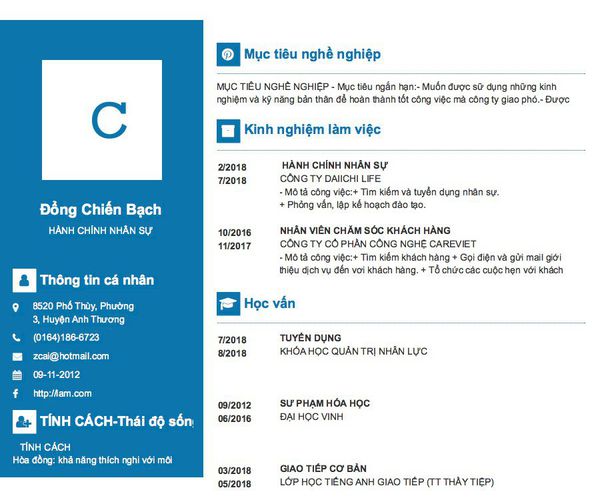 Mẫu CV HÀNH CHÍNH NHÂN SỰ