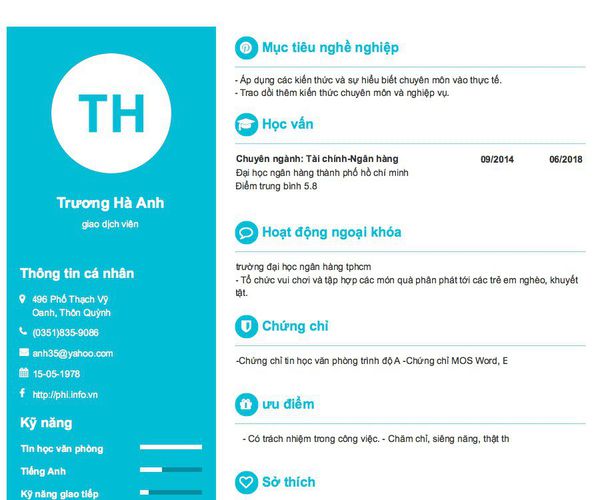 Mẫu CV giao dịch viên