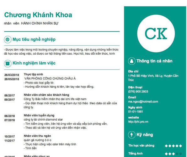 Mẫu CV nhân  viên  HÀNH CHÍNH NHÂN SỰ