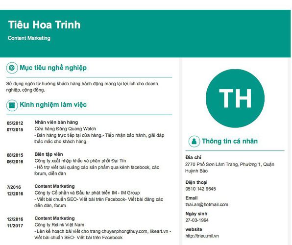 Gợi ý cách viết Mẫu CV tham khảo Content Marketing