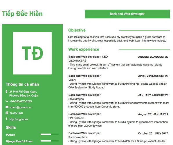 Gợi ý cách viết Mẫu CV tham khảo Back-end Web developer