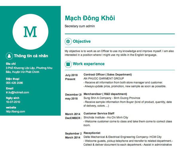 Mẫu CV Secretary cum admin