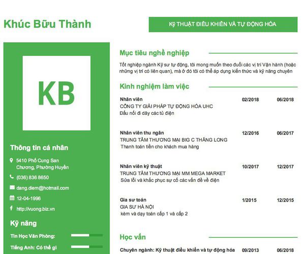 Gợi ý cách viết Mẫu CV tham khảo Kỹ THUẬT ĐIỀU KHIỂN VÀ TỰ ĐỘNG HÓA