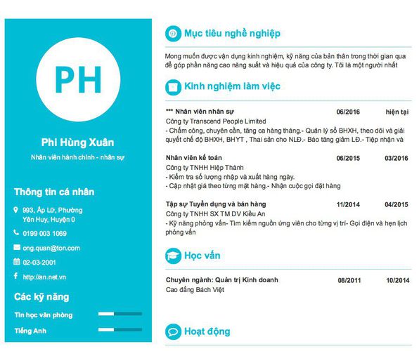 Mẫu CV Nhân viên hành chính - nhân sự