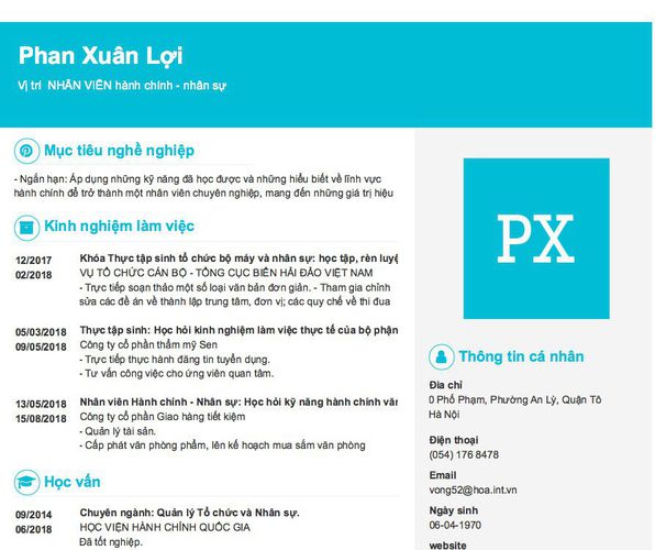 Mẫu CV Vị trí  NHÂN VIÊN hành chính - nhân sự