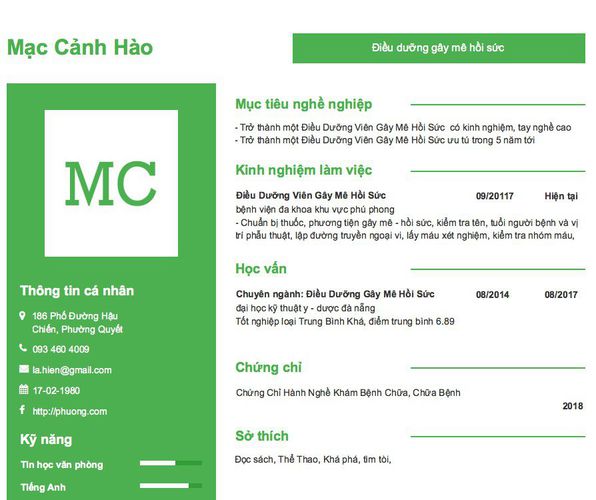 Gợi ý cách viết Mẫu CV tham khảo Điều dưỡng gây mê hồi sức