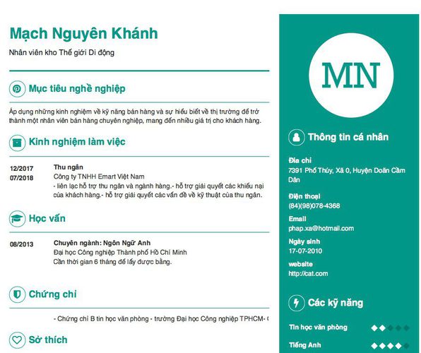 Gợi ý cách viết Mẫu CV tham khảo Nhân viên kho Thế giới Di động