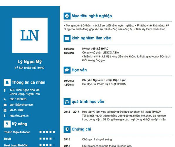 Gợi ý cách viết Mẫu CV tham khảo kỸ SƯ THIẾT KẾ  hVAC