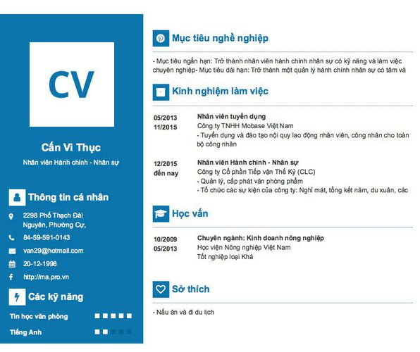 Mẫu CV Nhân viên Hành chính - Nhân sự