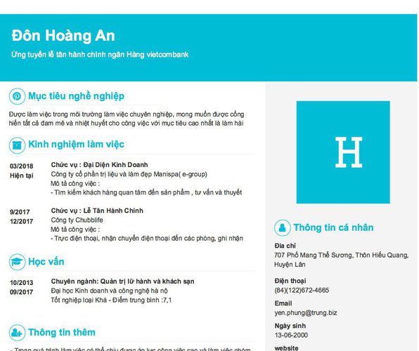 Gợi ý cách viết Mẫu CV tham khảo Ứng tuyển lễ tân hành chính ngân Hàng vietcombank