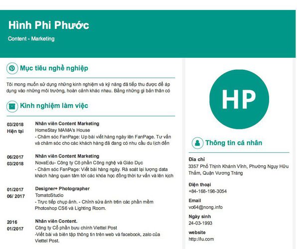 Gợi ý cách viết Mẫu CV tham khảo Content - Marketing