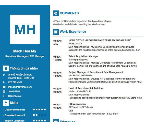 Gợi ý cách viết Mẫu CV tham khảo Recruitment Manager/HRBP Manager