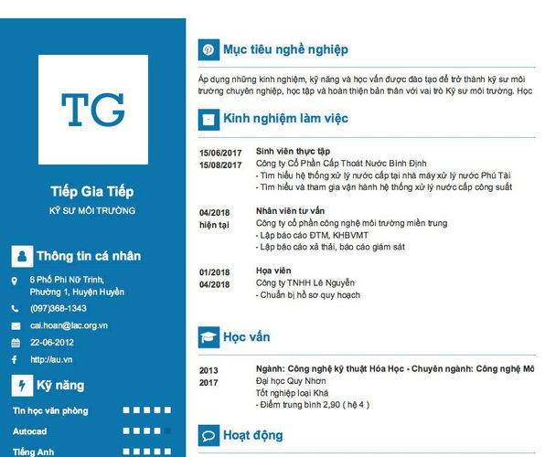 Gợi ý cách viết Mẫu CV tham khảo KỸ SƯ MÔI TRƯỜNG