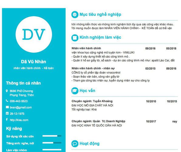 Mẫu CV nhân viên hành chính  - Kế toán