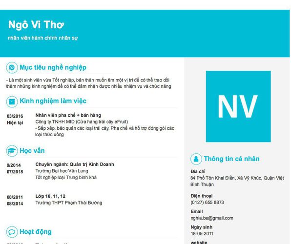 Mẫu CV nhân viên hành chính nhân sự