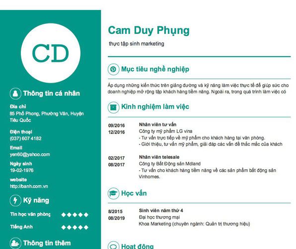 Gợi ý cách viết Mẫu CV tham khảo  thực tập sinh marketing
