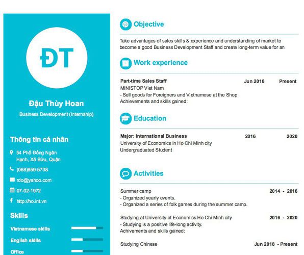Gợi ý cách viết Mẫu CV tham khảo Business Development (Internship)