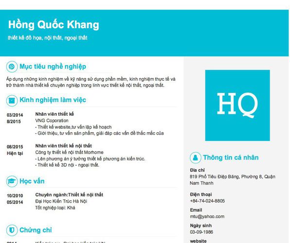 Mẫu CV thiết kế đồ họa, nội thất, ngoại thất