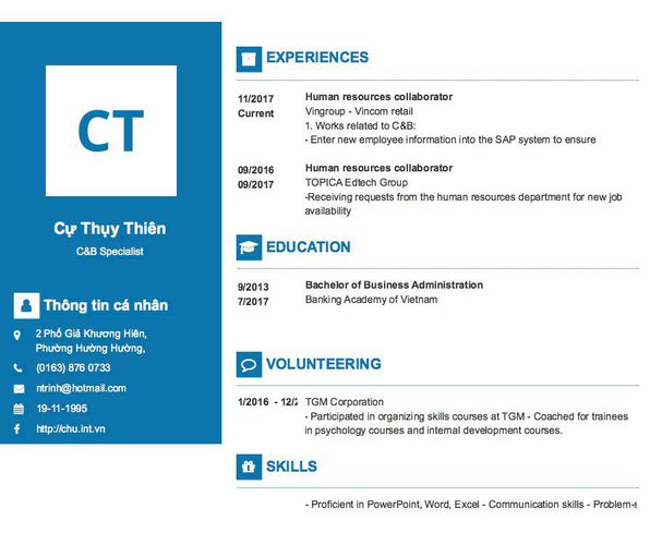 Gợi ý cách viết Mẫu CV tham khảo C&B Specialist