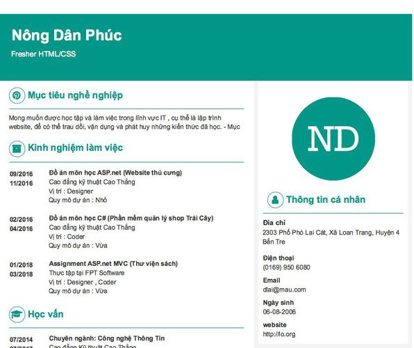 Gợi ý cách viết Mẫu CV tham khảo Fresher HTML/CSS