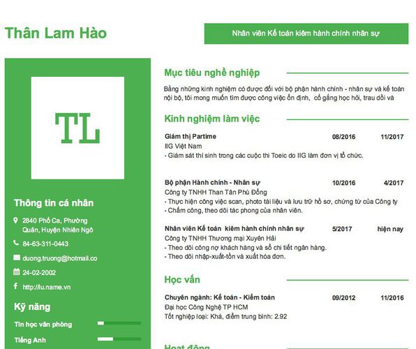 Mẫu CV Nhân viên Kế toán kiêm hành chính nhân sự