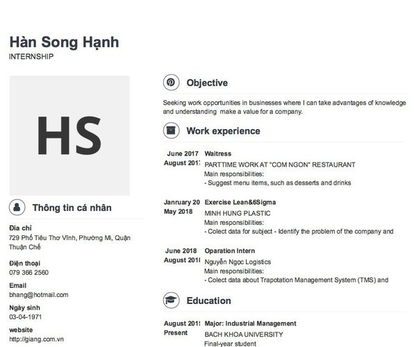 Gợi ý cách viết Mẫu CV tham khảo INTERNSHIP
