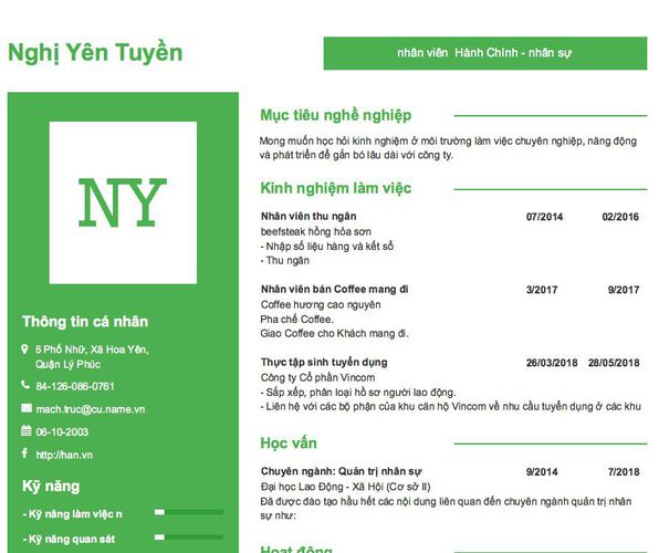 Mẫu CV nhân viên  Hành Chính - nhân sự