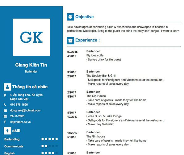 Gợi ý cách viết Mẫu CV tham khảo Bartender