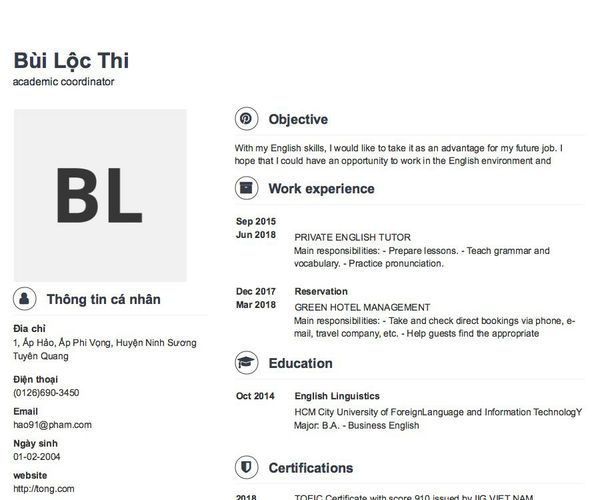 Gợi ý cách viết Mẫu CV tham khảo academic coordinator