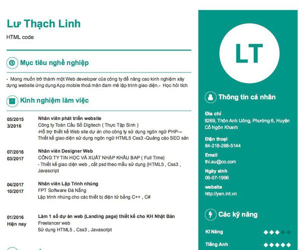 Gợi ý cách viết Mẫu CV tham khảo HTML code