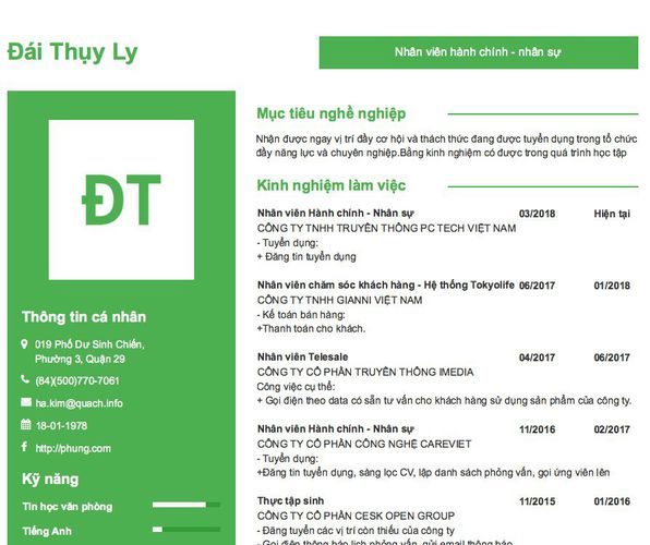 Mẫu CV Nhân viên hành chính - nhân sự