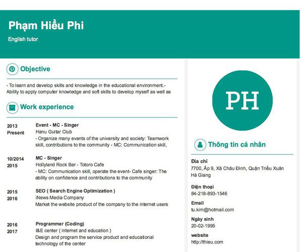 Gợi ý cách viết Mẫu CV tham khảo English tutor