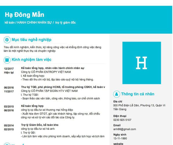 Mẫu CV kế toán / HÀNH CHÍNH NHÂN SỰ /  trợ lý giám đốc