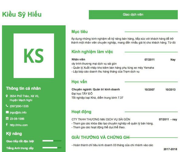 Mẫu CV Giao dịch viên