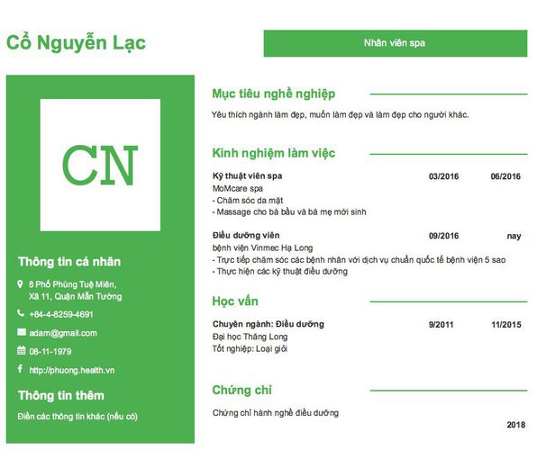 Gợi ý cách viết Mẫu CV tham khảo Nhân viên spa