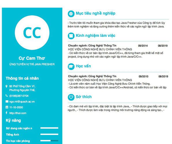 Gợi ý cách viết Mẫu CV tham khảo ỨNG TUYỂN VỊ TRÍ JAVA FRESHER