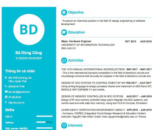 Gợi ý cách viết Mẫu CV tham khảo IC DESIGN ENGINEER