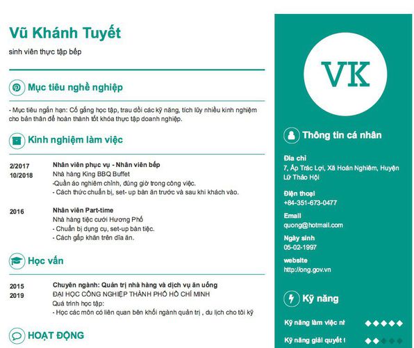 Gợi ý cách viết Mẫu CV tham khảo sinh viên thực tập bếp