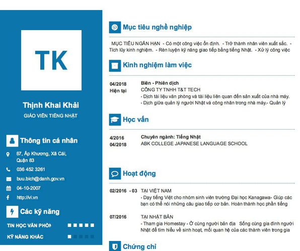 Gợi ý cách viết Mẫu CV tham khảo GIÁO VIÊN TIẾNG NHẬT
